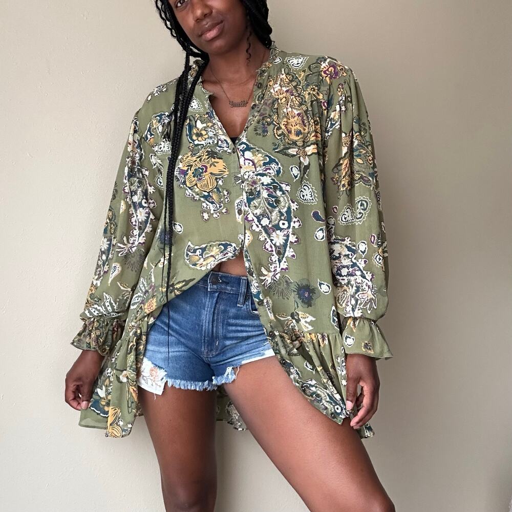 Free People Green Paisley Ibiza Nights Tunic Dress Size Small